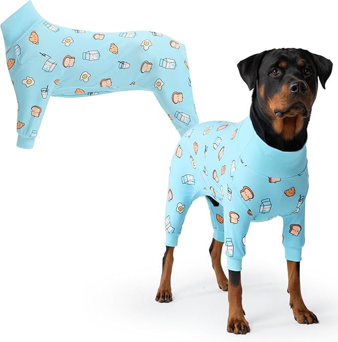 Spark Paws Dog Pajama, Dog Recovery Suit Male, Onesie, Ultra-Soft and 4-Way Stretch, for Small Medium and Large Breeds - Breakfast Blue - 5XL