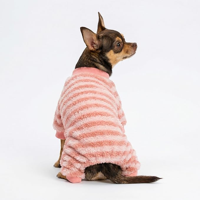 Fitwarm Fuzzy Fleece Stirped Dog Pajamas, Dog Winter Clothes for Small Dogs Girl, Cozy Dog Onesie, Pet Jumpsuit, Doggy Apparel, Pink, White, Small