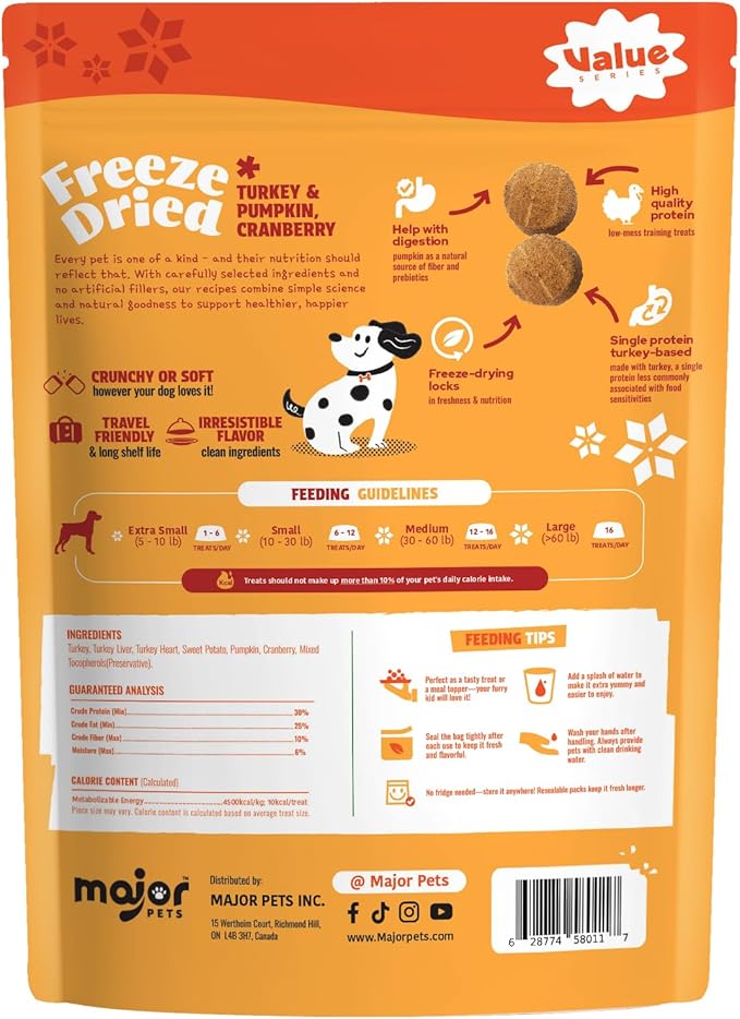 MAJOR PETS Freeze Dried Turkey Dog Treats with Pumpkin & Cranberry, Limited Ingredient High Protein Snacks for Digestive & Urinary Health, Grain Free, Training Reward & Meal Topper, Made in USA, 2.5oz