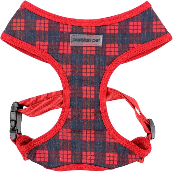 Parisian Pet Red Plaid Dog Harness - Breathable No Pull Puppy Harness with Leash Ring - Adjustable Harnesses for Dogs - Soft Padded Step-in Pet Vest - Lightweight Dog Vests for Large Dogs