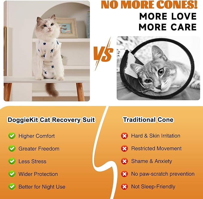 Cat Surgery Recovery Suit, Anti Licking Postoperative Onesie with Roll-Up Design, Soft Breathable Bodysuit Shirt for Female Spay Male Neuter Abdominal Wound Kitten E-Collar Cone Alternative