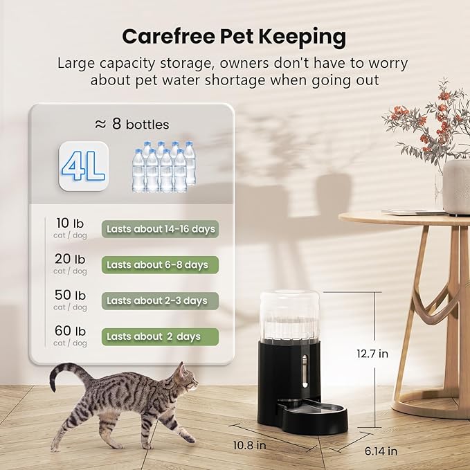 CZPET Dog Water Bowl Dispenser 4L, Wider Mouth & Upgraded Brush for Easy Cleaning Automatic Cat Gravity Refilling Waterer with Removable Stainless Steel Bowl, Large Drinking Area for Multi-Pet (Black)