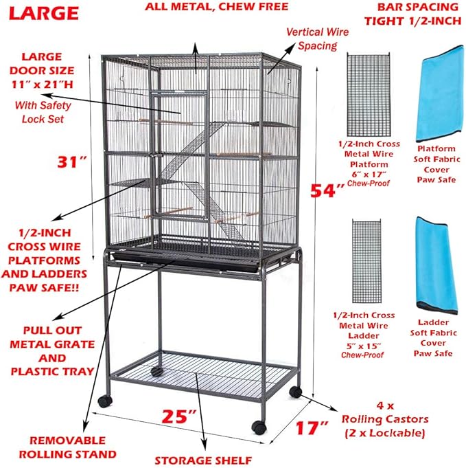 54" LARGE Wrought Iron 4-Level Chew-Proof Tight 1/2-inch Wire Spacing Ferret Squirrel Chinchilla Sugar Glider Rat Mice Rabbit Hamster Critter Home Cage Easy Clean Pull Out Tray Removable Rolling Stand