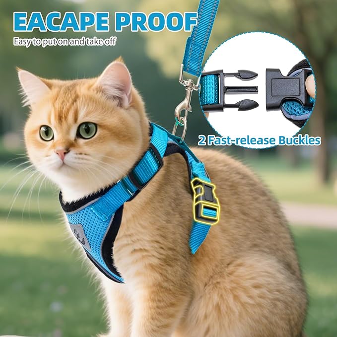 PUPTECK Cat Harness and Leash Set Escape Proof Reflective Cat Walking Harness Adjustable Soft Breathable Mesh Vest for Small Pets, Blue, L