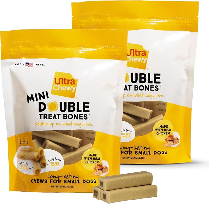 Ultra Chewy Mini Double Treat Bones: Long-Lasting Dog Treats Made in USA, Highly Digestible, Ideal for Aggressive Chewers 9oz (Chicken, 2 Packs)