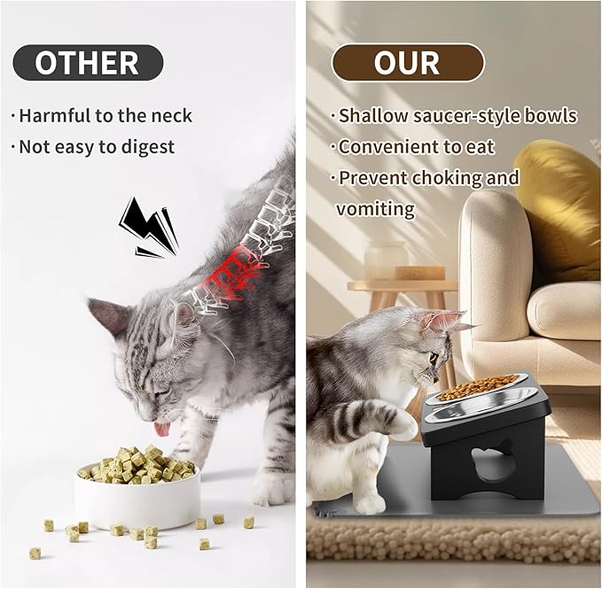 Elevated Cat Bowls with Silicone Mat, 15° Tilted Solid Wood Stand, Raised Stainless Steel Food & Water Dishes for Cats and Small Dogs, Anti-Vomiting Design(Black)