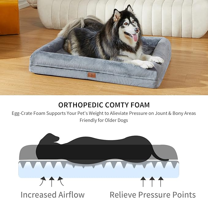 Orthopedic Dog Beds for Large Dogs, Big Waterproof Dog Bed with Removable Bolster, Nonskid Bottom and Egg Crate Foam Pet Mat, Large Pet Bed with Washable Removable Cover, Grey