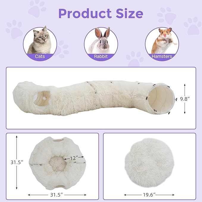 Cat Tunnel with Bed – Soft Plush Peekaboo Donut Cave for Indoor Cats | Under Christmas Tree Hideaway & Multifunctional Playground Toy for Kittens, Rabbits, Ferrets (Long-Pile Fabric White)