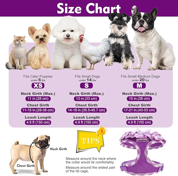 EXPAWLORER Cute Dog Harness and Leash Set - Purple Girl Dog Harness Checkered Step-in Design, Easy Adjustable No-Choke Lightweight Breathable Vest for Small Medium Dogs Outdoor Walking, Medium