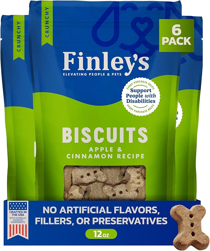 Finley's Crunchy Dog Biscuits, Apple and Cinnamon, Plant-Based Healthy Treats, Oven Baked Dog Cookies, 12oz, 6 Pack