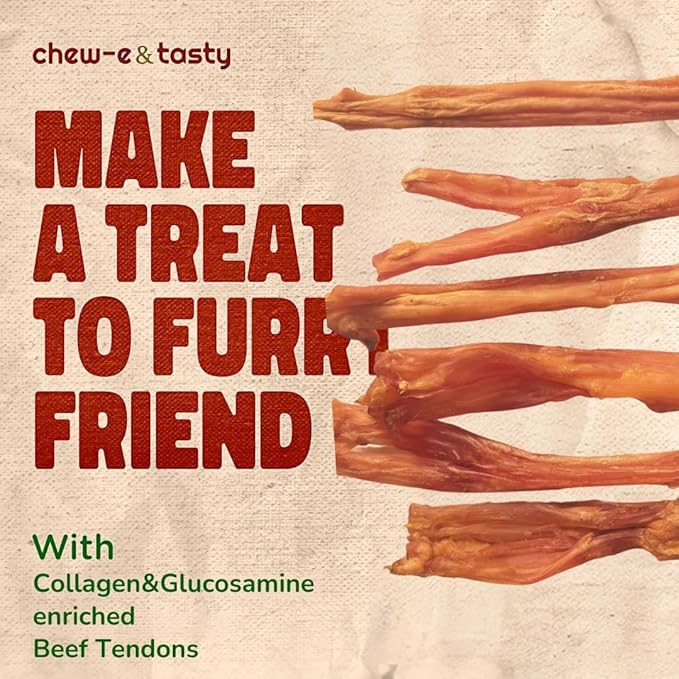 chew-e&tasty Beef Tendon Chews for Dogs (10-12 Inch, 5 Pack), All Natural Rawhide Free Dog Chews, Long Lasting w/Chondroitin & Glucosamine, Dental Health for Small, Medium, Large