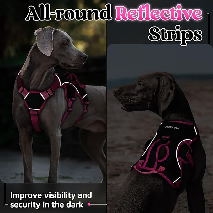 rabbitgoo Escape Proof Dog Harness Large Dogs, Soft Padded Full Body Pet Harness, Reflective Adjustable No Pull Vest with Lift Handle and Leash Clip for Walking Hiking Training, Pink & Black, XL