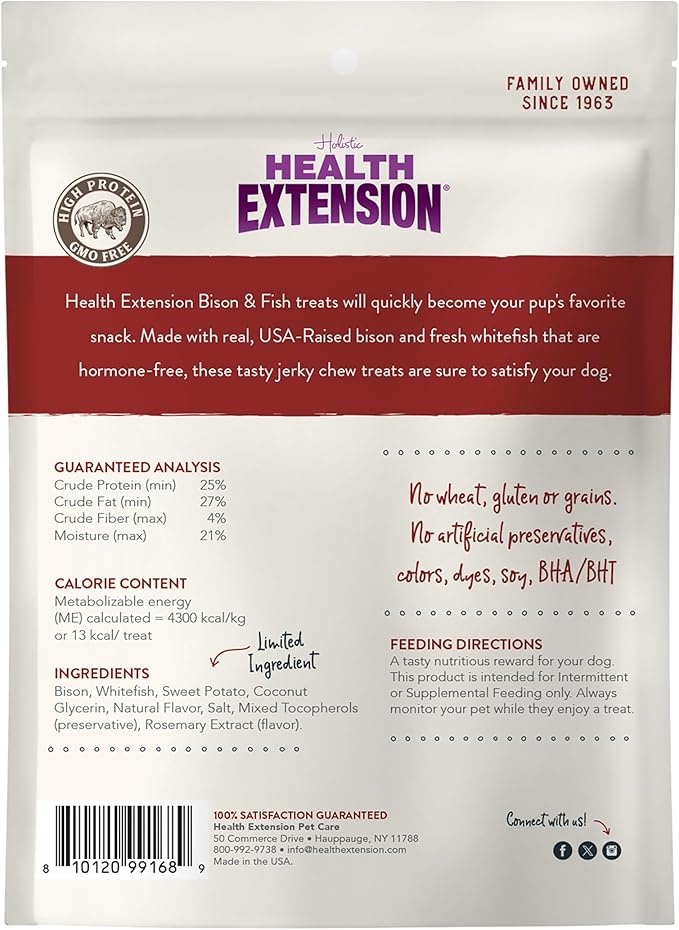 Health Extension Bison & Fish Dehydrated Jerky Dog Treats – 14 oz – Protein-Rich, Grain-Free, Made in USA – Limited Ingredients for Sensitive Dogs & Training Rewards