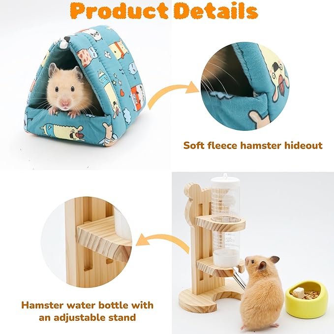 32 Pcs Hamster Cage Accessories, Silent Hamster Wheel, 22 Chew Toys Set, Wooden Hideout, Fleece House, Water Bottle Set, Ceramic Food Bowl for Rat Mice Small Animals Habitat Decor