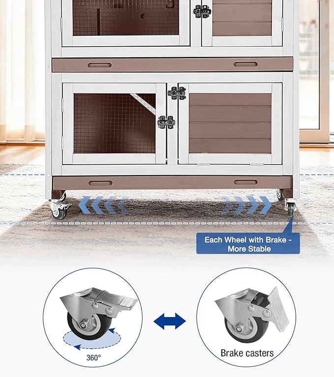 2-Story Rabbit Hutch Indoor Outdoor with Wheels, Bunny Cage with Slip-Proof Ramp, Guinea Pigs Cage with Waterproof Roof & Easy-Clean Tray, Multi-Access Doors, 36" - Brown