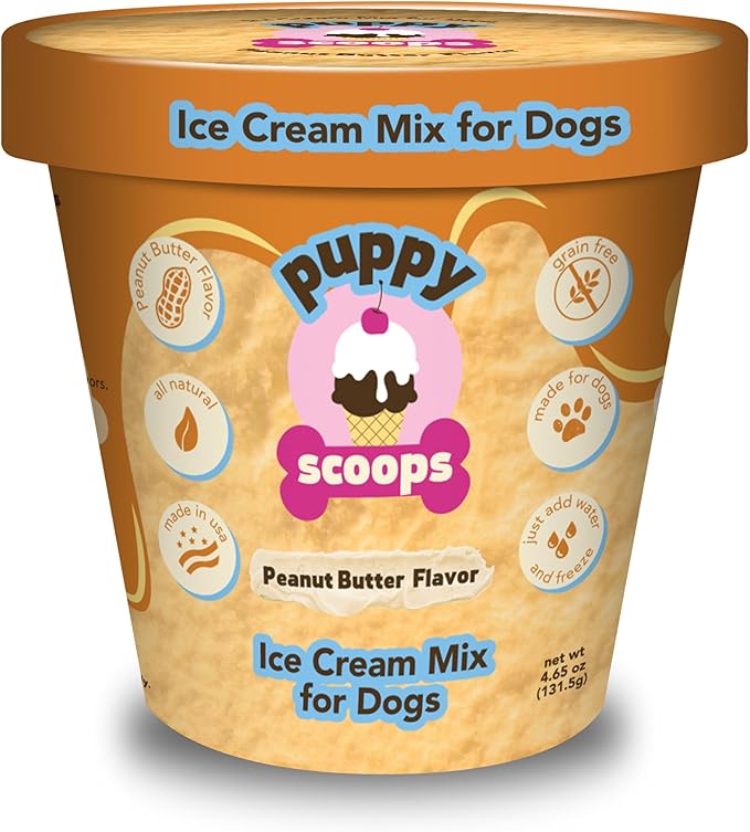 Puppy Scoops Dog Ice Cream Mix (Peanut Butter Flavor), 4.65 oz - Just Add Water and Freeze at Home, Powder Mix with Ice Cream Cup and Reusable Lid - Made in USA