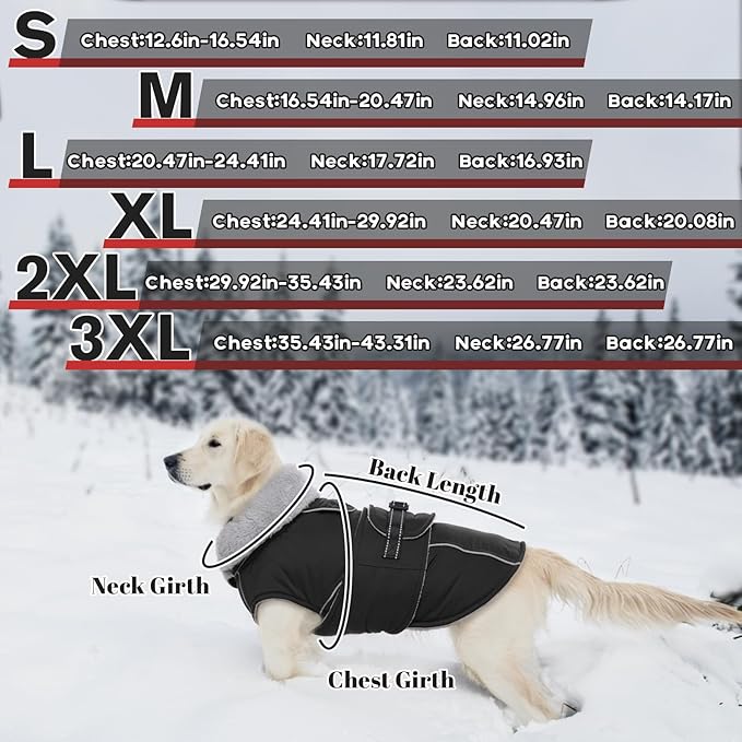 LeLePet Waterproof, Windproof Dog Coat (Black, 2XL) - Reflective, Adjustable, Polyester Cold Weather Coat with Fleece Lining for Large Dogs