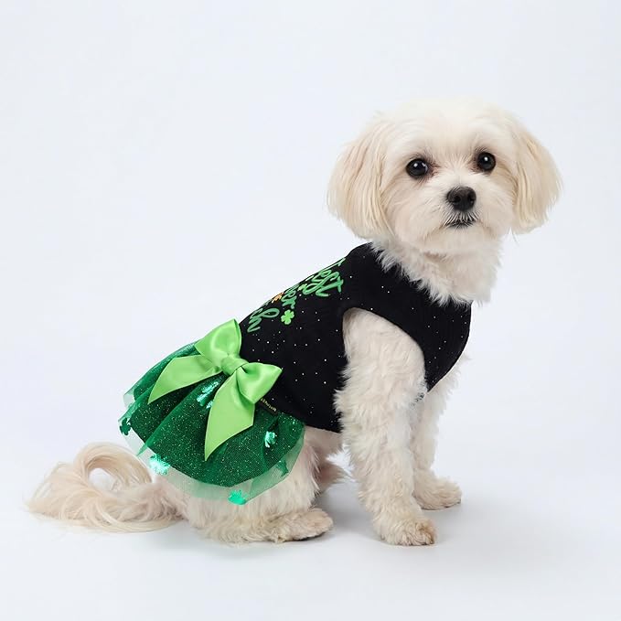 Fitwarm Cutest Clover in the Patch Dog Dress, St Patricks Day Dog Clothes for Small Dogs Girl, Funny Pet Cat Holiday Outfit, Black, Emerald Green, Large