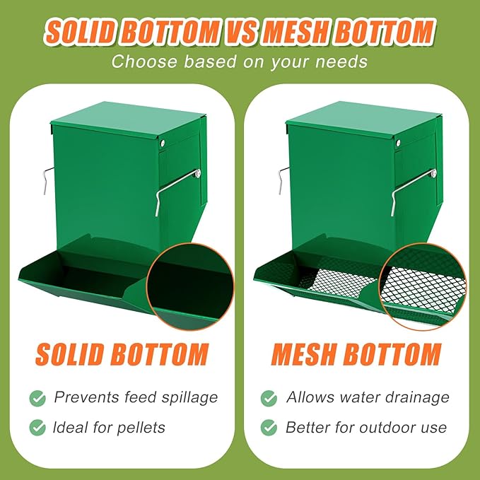 Maxcheck 2 Pcs Rabbit Feeder for Cages Small Animal Food Pellet Dispenser with Lid Metal Chicken Grit Oyster Shell Squirrel Feeders Outside(4.7 Inches,Mesh Bottom,Green)
