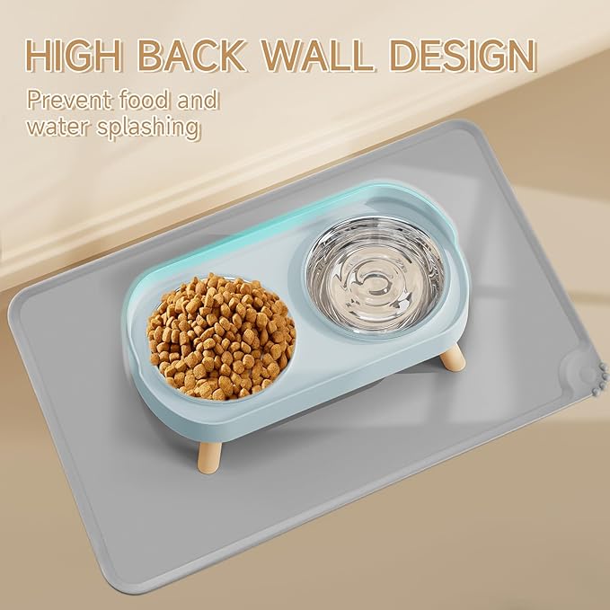 Elevated Cat Bowl with Food Mat, Raised Cat Food and Water Bowl Set for Indoor Cats, Splash Proof with 2 Stainless Steel Pet Food Bowls for Cats and Puppies,Whisker Fatigue and Dishwasher Safe (Blue)