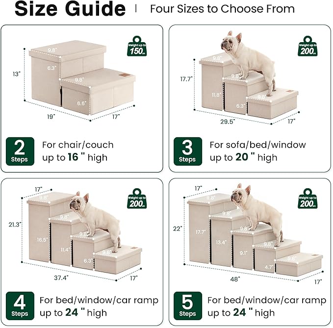 Love's cabin Dog Stairs for High Bed 18" H, Foldable Pet Stairs for Small Medium or Large Dogs Puppy with Storage for Bed or Couch, Cat Dog Steps Ramp with Zip up to 200 lbs, Beige, 3 Steps