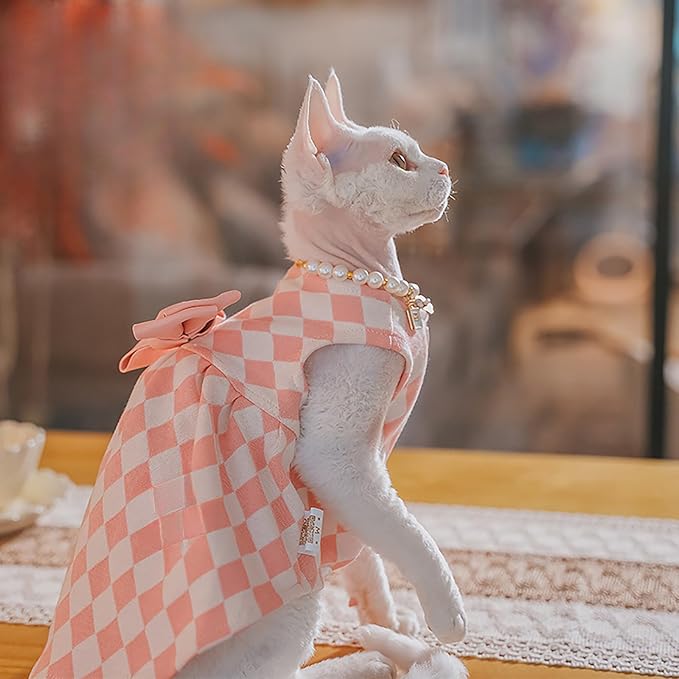 Pink Sphynx Cat Dress, Soft Sleeveless Cats Princess Dress with Bow, Cute Summer Cats Outfit for Wedding Birthday Daily Wear (XS,Pink)