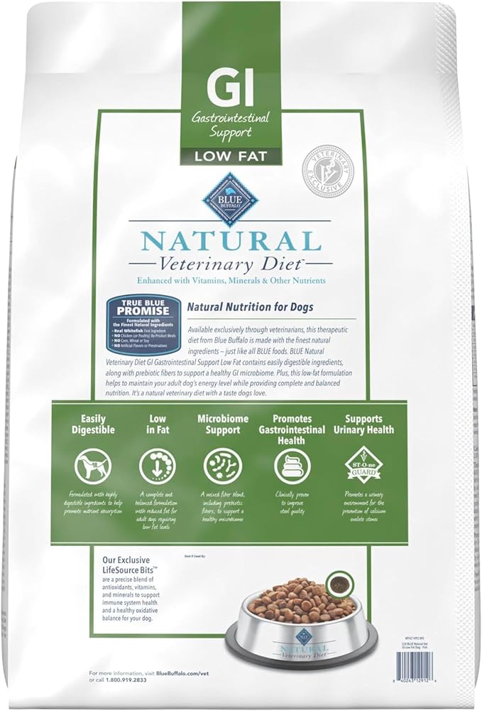 Blue Buffalo Natural Veterinary Diet GI Low Fat Gastrointestinal Support Dry Dog Food, Veterinarian's Prescription Required, Whitefish, 22 lb Bag