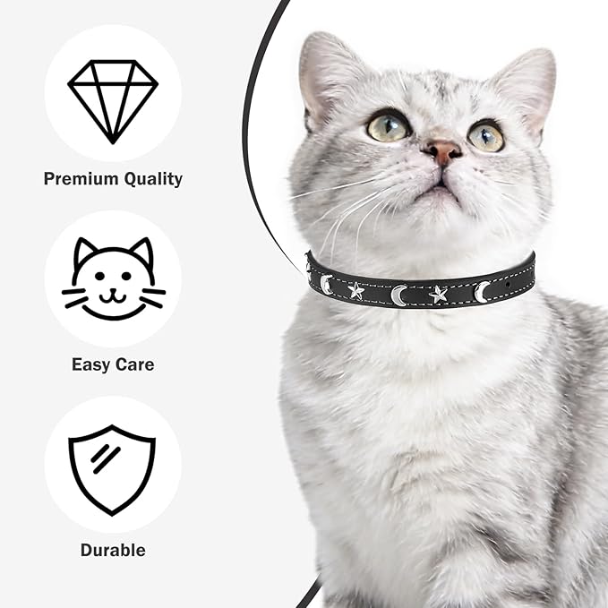 Leather Cat Collars for Boy Girl Cats with Bell and Safety Elastic Belt, Personalized Star and Moon Stud Adjustable Safe Buckle Collar for Kitty Small Big Cats Size 7-9 Inch, Black