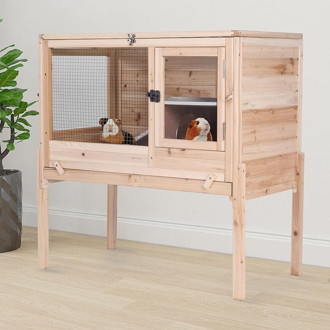 Aivituvin 2-Story Indoor Rabbit Hutch Guinea Pig Cage with Stand, Wooden Bunny Cage Small Animal Cages with Chew-Proof Ramp, Pull-Out Tray & Leakproof PVC Layer (Natural Wood)