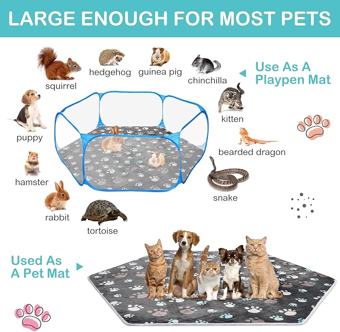 Preboun 4 Pcs 47 in Guinea Pig Playpen Pad Waterproof Hexagon Mat Reusable Dog Playpen Liner for Small Animal Rabbit Cage Tent Pee Pad Washable Yard Fence(Black Paw)