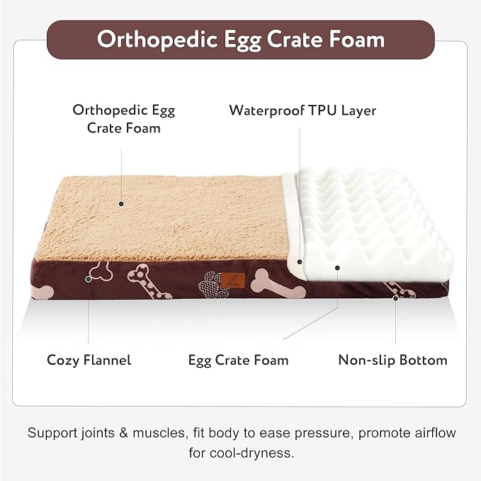 XL Dog Bed for Crate, 41x27 Inch Washable Crate Mat with Removable Cover & Anti-Slip Bottom, Comfy Orthopedic Egg Crate Foam Flat Pet Bed, Chocolate