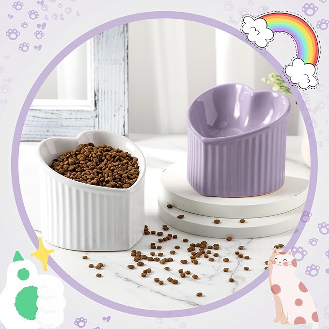 Mumufy 2 Pcs Ceramic Elevated Cat Bowls Tilted Elevated Raised Pet Bowls Anti Vomit Cat Dish for Indoor Stress Free Water Dish Feeder for Puppies, Heart Shaped(White, Purple)