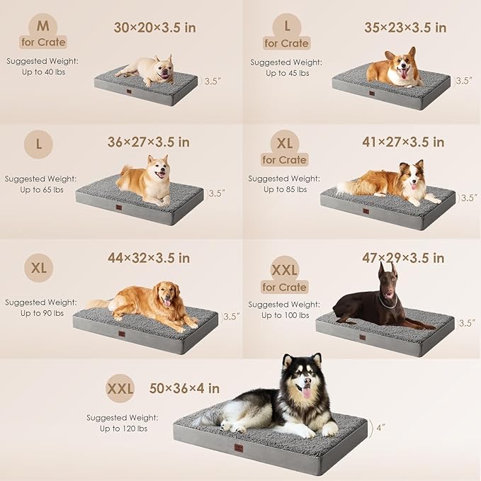 EHEYCIGA Orthopedic Foam Dog Bed for Large Dogs, 35"L x 23"W x 3.5"Th, Light Grey