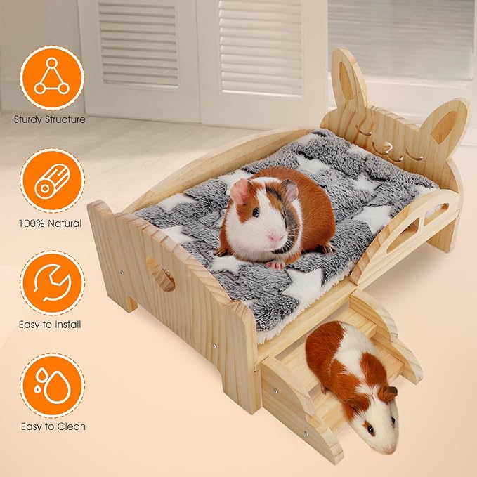 BWOGUE Wooden Guinea Pig Bed with Stairs and Mat, Washable Soft Fleece Small Animal Bed Guinea Pig Platform Bed for Hamsters Dwarf Rabbits Chinchilla Squirrel Hedgehog Habitat