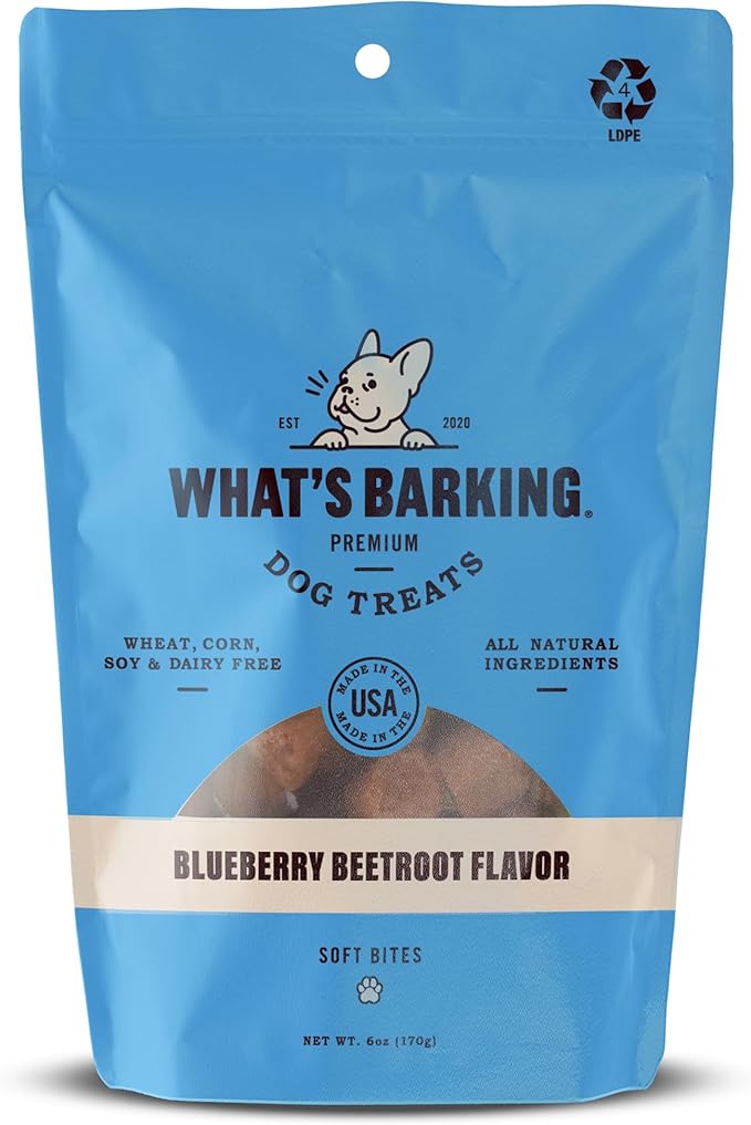 What's Barking Soft Bites, Soft Chewy Dog Treats for Training or Snacking, Pet Essentials, Bite Size Pieces for Dogs, Natural Ingredients, Made in USA, Resealable Bag (Pack of 1, Blueberry Beetroot)