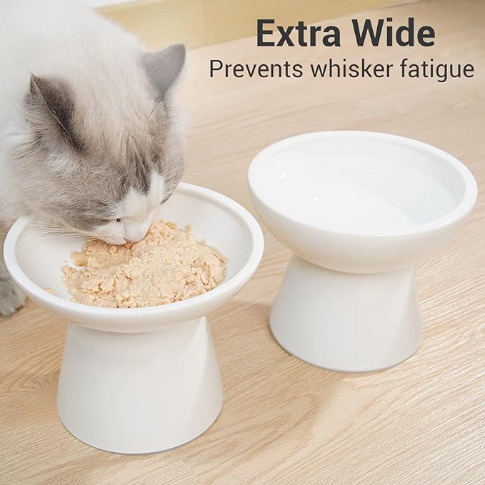 CEEFU Extra Wide Elevated Ceramic Cat Water Bowl - 6.2" Deeper Dish for Whisker Fatigue Relief, 5" Height for Easy Feeding, Lead & Cadmium Free, Durable Raised Cat Bowls, White