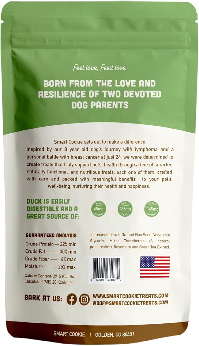 Smart Cookie Duck Jerky Dog Treats with Flax Seed, Omega Oils- Hypoallergenic Strips for Dogs and Puppies with Allergies, Sensitive Stomachs - Dehydrated, Grain Free, Made in USA - 3oz Bag, Pack of 1