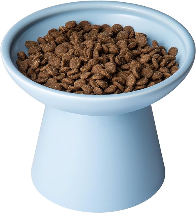CEEFU Extra Wide Elevated Ceramic Cat Food Bowl - 6.2" Shallow Dish for Whisker Fatigue Relief, 5" Height for Easy Feeding, Lead & Cadmium Free, Durable Raised Cat Food Bowls, Blue