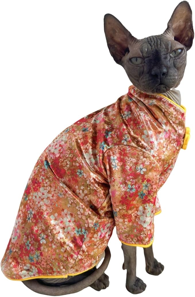 Traditional Culture Sphynx Hairless Cat Cotton T-Shirts Cats Clothes Pet Sweater Cat Vest Pet Clothes Kitten Shirts Small Dogs Apparel (Gypsophila, XL (9-13 lbs))
