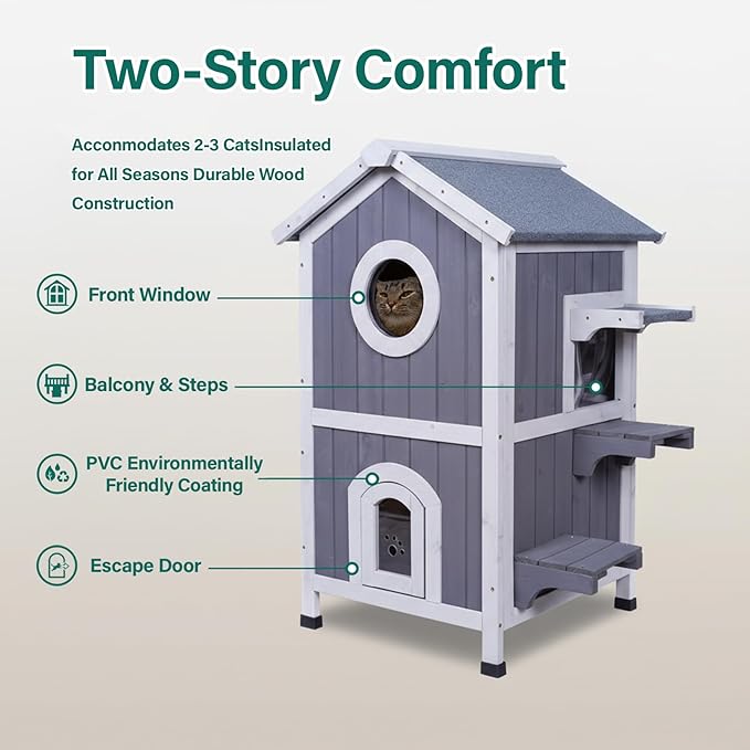 GEGURI Outdoor Cat House Winter-Proof, Two-Story Insulated Cat Shelter for Feral Cats with Thermal Layer, Removable Roof, Balcony & Escape Door, Weatherproof & Warm Shelter for Cats
