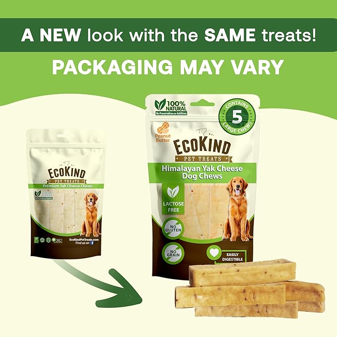 EcoKind Premium Gold Yak Cheese Himalayan Dog Chews, Dog Treats Large Breed, All Natural, High Protein Chew, Peanut Butter, Large - 18+ Chews