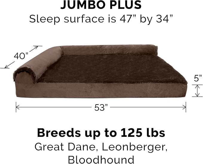 Furhaven Memory Foam Dog Bed for Large Dogs w/ Removable Bolsters & Washable Cover, For Dogs Up to 125 lbs - Plush & Velvet L Shaped Chaise - Sable Brown, Jumbo Plus/XXL