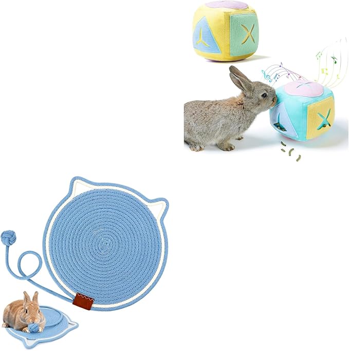 2pcs Large Rabbit Foraging Toy with Bell & Natural Rabbit Scratching Pad, Washable Puzzle Feed Game with Soft Cotton Rope Mat for Indoor Bunnies