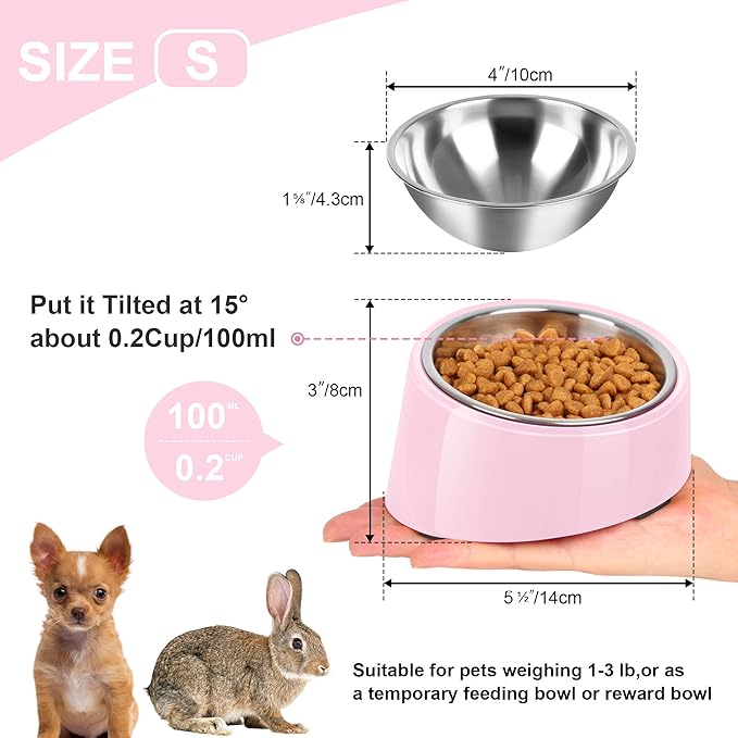 Tilted Dog Bowl Non-Slip & Non-Spill Pet Feeder with Elevated Detachable Melamine Stand, Easy to Get Food Dog Dish, S/100ml Pink