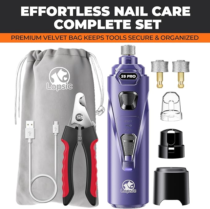 Whisper Quiet Dog Nail Grinder with LED Light, Safe & Stress-Free for Sensitive Dogs of All Breeds & Sizes, 3 Grinding Bits, 3-Speed, Pet Nail Trimmers, Rechargeable Painless Grooming Kit Blue