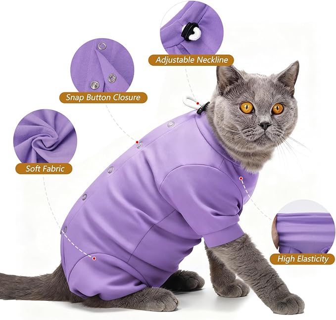 Dotoner Cat Recovery Suit After Surgery Spay Recovery Suit for Female Cats Soft Protective Clothing E-Collar Alternative for Wound Care Post Surgery Apparel(Purple-S)