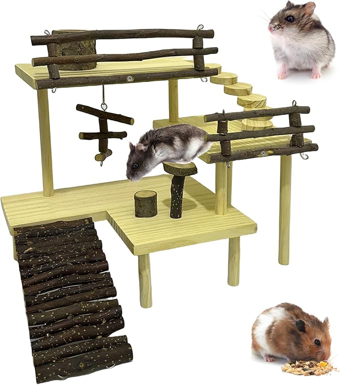 3-Tier Extra Large Wooden Hamster Playground Hamster Climbing Toys Gerbil Platform Small Animals Exercise Activity Set with Ladder for Dwarf Hamsters Mouse Gerbils Rats