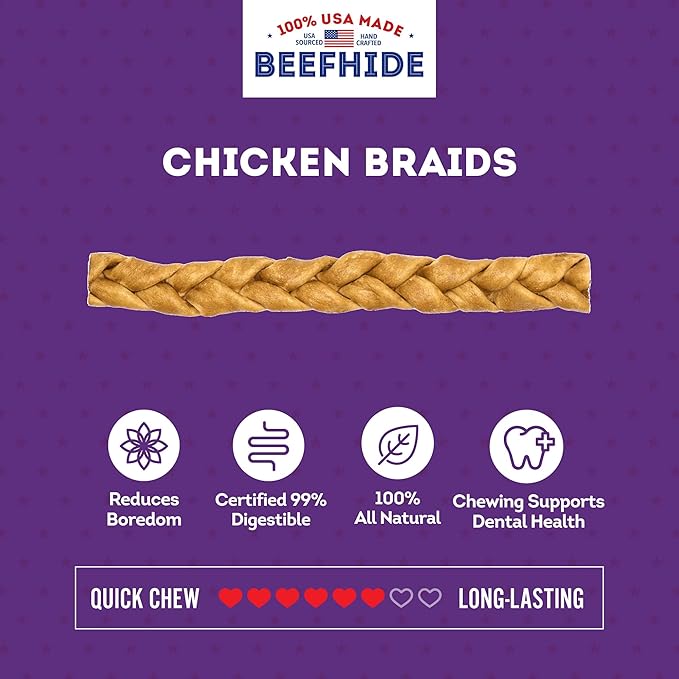 USA Beefhide Braids 12-13" Dog Chew Treats - Chicken Flavor, 2 Count/1 Pack