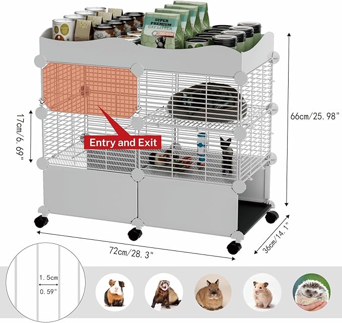 STILLCOVE Small Guinea Pig Cages Indoor, C&C Chinchilla Rat Cage Rabbit House on Wheels with Tray