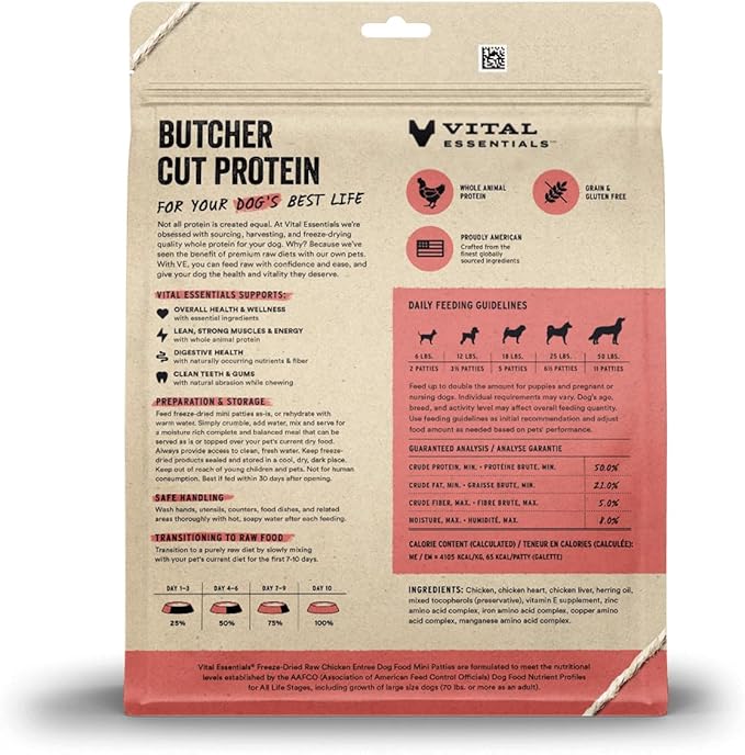 Vital Essentials Freeze Dried Dog Food, Raw Chicken Mini Patties | Complete Meal or Topper | High Protein, Grain Free Dry Dog Food | 14 oz Bag